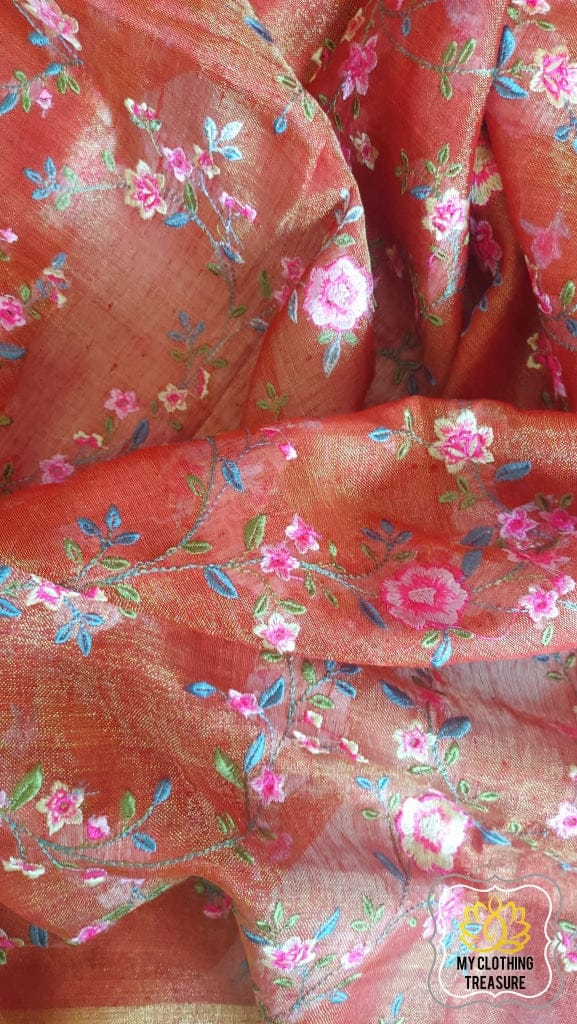 Embroidery on Tissue Linen Saree- Red Gold