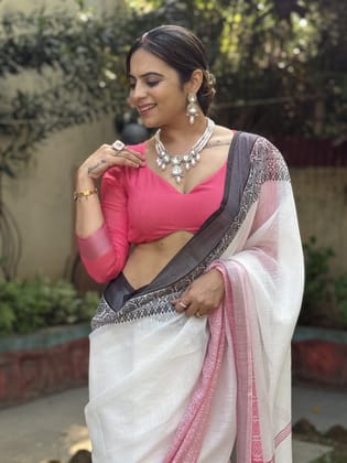 Elegant White and Pink Pure Linen Digital Printed Saree with Black Border, Tassels, and Blouse Piece – Intricate Floral and Geometric Design-Regular