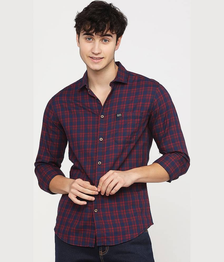 The Indian Garage Co Men Navy Blue & Maroon Slim Fit Checked Casual Shirt