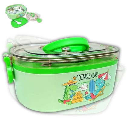 800 mL Stainless Steel Dino Cartoon Bento Lunch Box for School Kids– Premium Portable Tiffin Box for Students with Spoon, Air-Tight Insulated Lunch Box (Green Color)