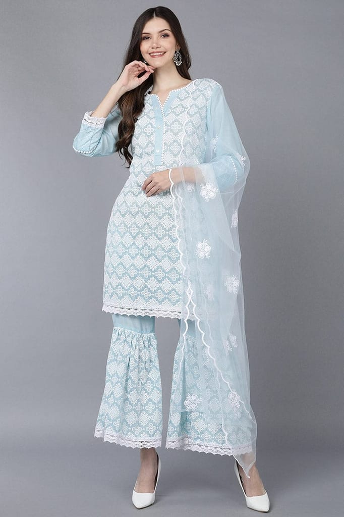 Blue Poly Silk Embroidered Sharara Suit Set PKSKD1402 - Kurtas & Kurta Sets | Buy online on ZillyBuy