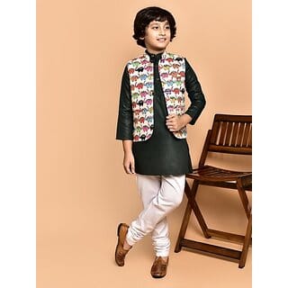 PrintCultr Boys Festive & Party Kurta, Waistcoat and Pyjama Set (Green) PrintCultr Boys Festive & Party Kurta, Waistcoat and Pyjama Set (Green)