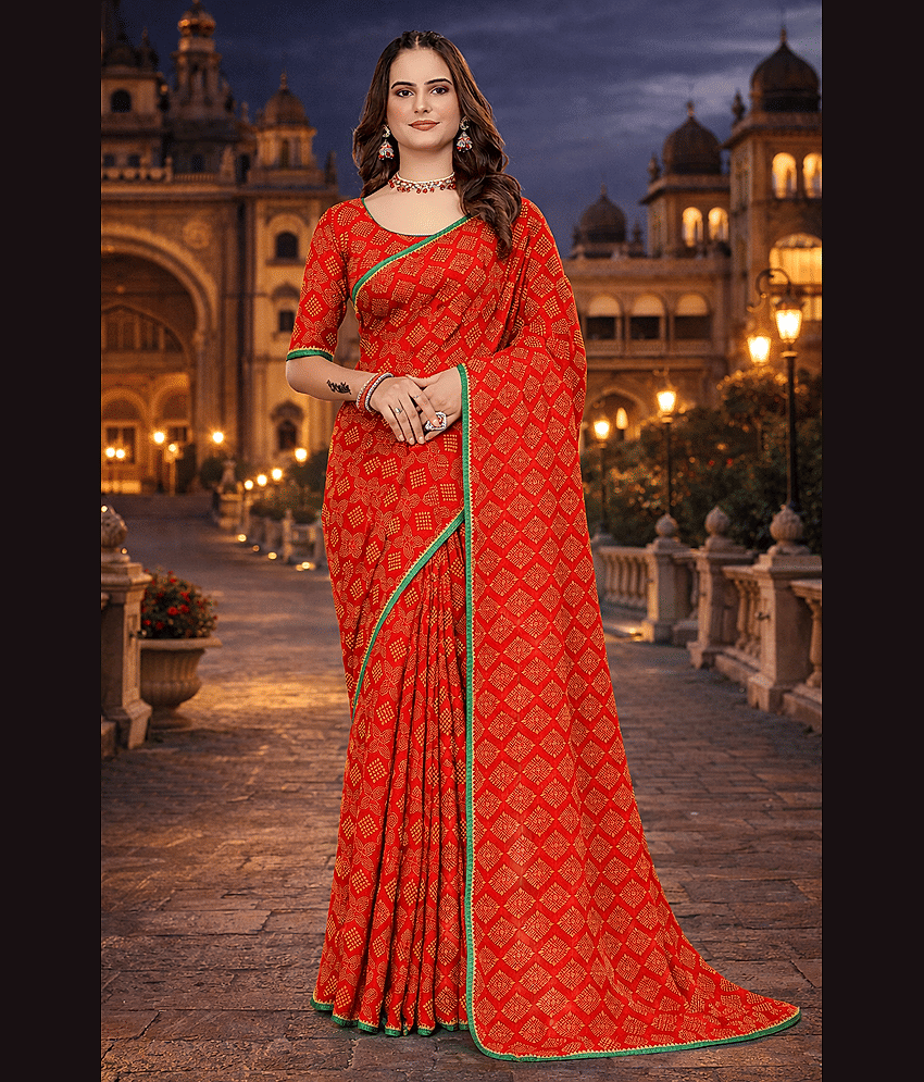 Kanooda Prints Georgette Printed Bandhani Sarees With Unstitched Blouse Piece ( Multicolor 1 )