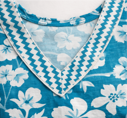 Women Blue Floral Printed Kurti Pant Set | Soft Cotton Blend | 3/4 Sleeve Casual & Office Wear Ethnic Set