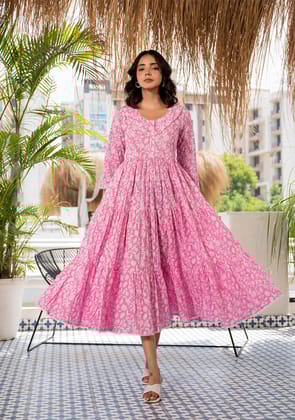 Pink Floral Printed Collar Neck Calf length Cotton dress for Women-XS