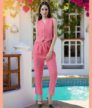 Zima Leto Women Solid Top With Trousers Co-Ord Set ( Pink )