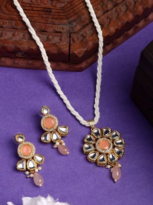 NVR Women Peach Stones with Kundan Studded Long Jewellery Set-One Size / Peach / Alloy