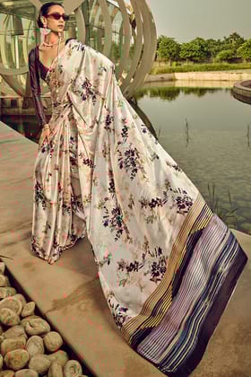 Colonial White Printed Satin Silk Saree