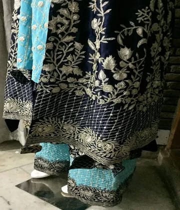 Pure Crepe Heavy Embroidered (Zardozi Tilla) Sherwani Suit With Odhani in turquoise-navy blue