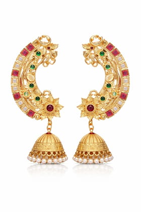Indian Shringar Designer Kundan Ear Cuff Earrings | Multi Stone Jhumka Ear Chain with Pearl Drops | Bridal Statement