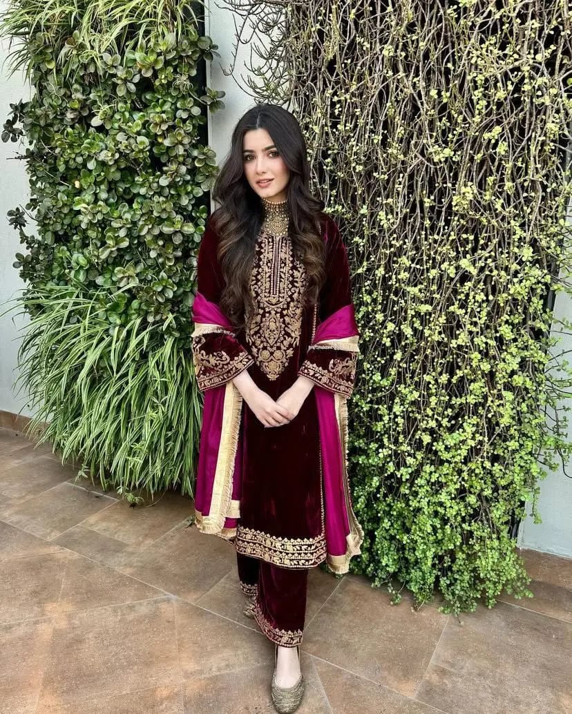 Ethenika Elegant Thread Embroidery work Ready to wear Velvet Suit-Free Size (38-44)