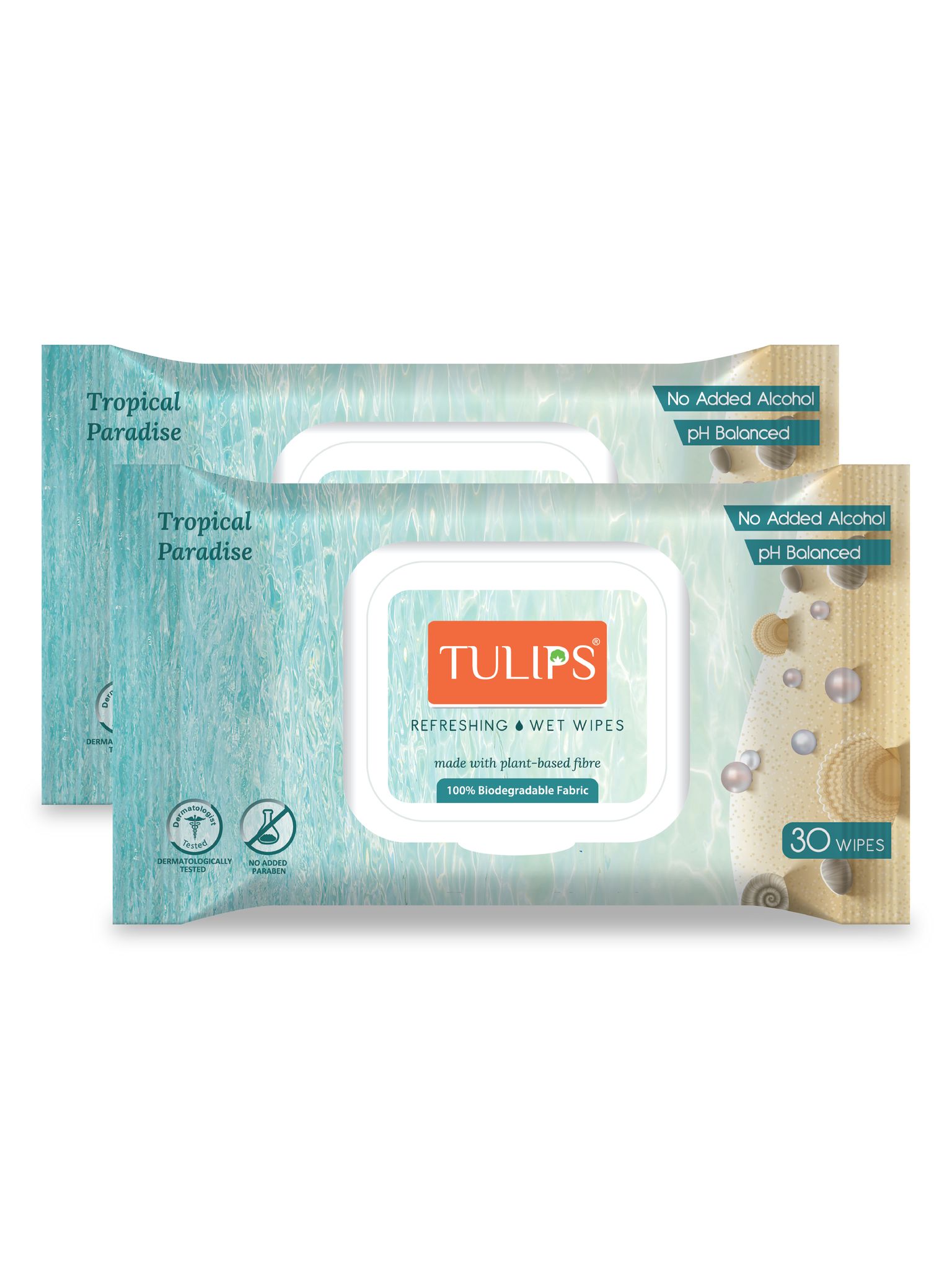 Tulips Refreshing Makeup Remover Wet Wipes made with Plant based Fibre, LID Pack (Tropical Paradise) (Pack of 2, 30 wipes each)