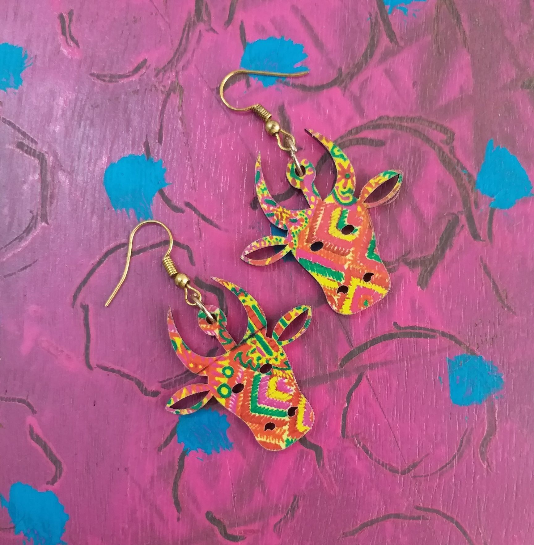 Artwork Wooden Earrings - Quirky Bull in assorted Artworks
