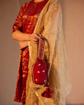 Ruby Zari Potli Bag-Ruby Red