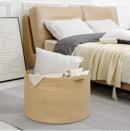 Generic Cotton Pack Of_1 14x12 Inch Storage Basket For Clothes With Out Lid (Beige)-PID66388