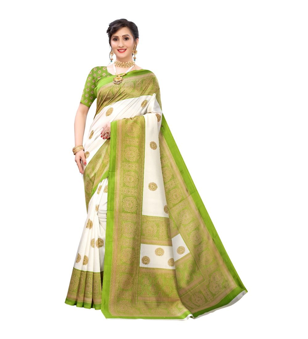 Women's Art Silk Printed Saree with Unstitched Blouse (Green, 5-6 Mtrs)