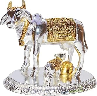 REAL SEED Silver-Plated Cow and Calf Idol for Home Temple , Pooja Room (Silver, 10 x 10 x 7 cms)