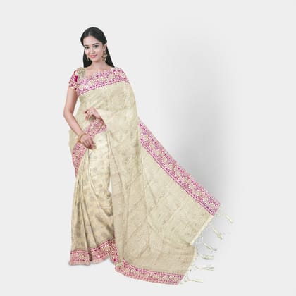 TheHangr Raw Silk Cream Saree With Contrast Pink Border