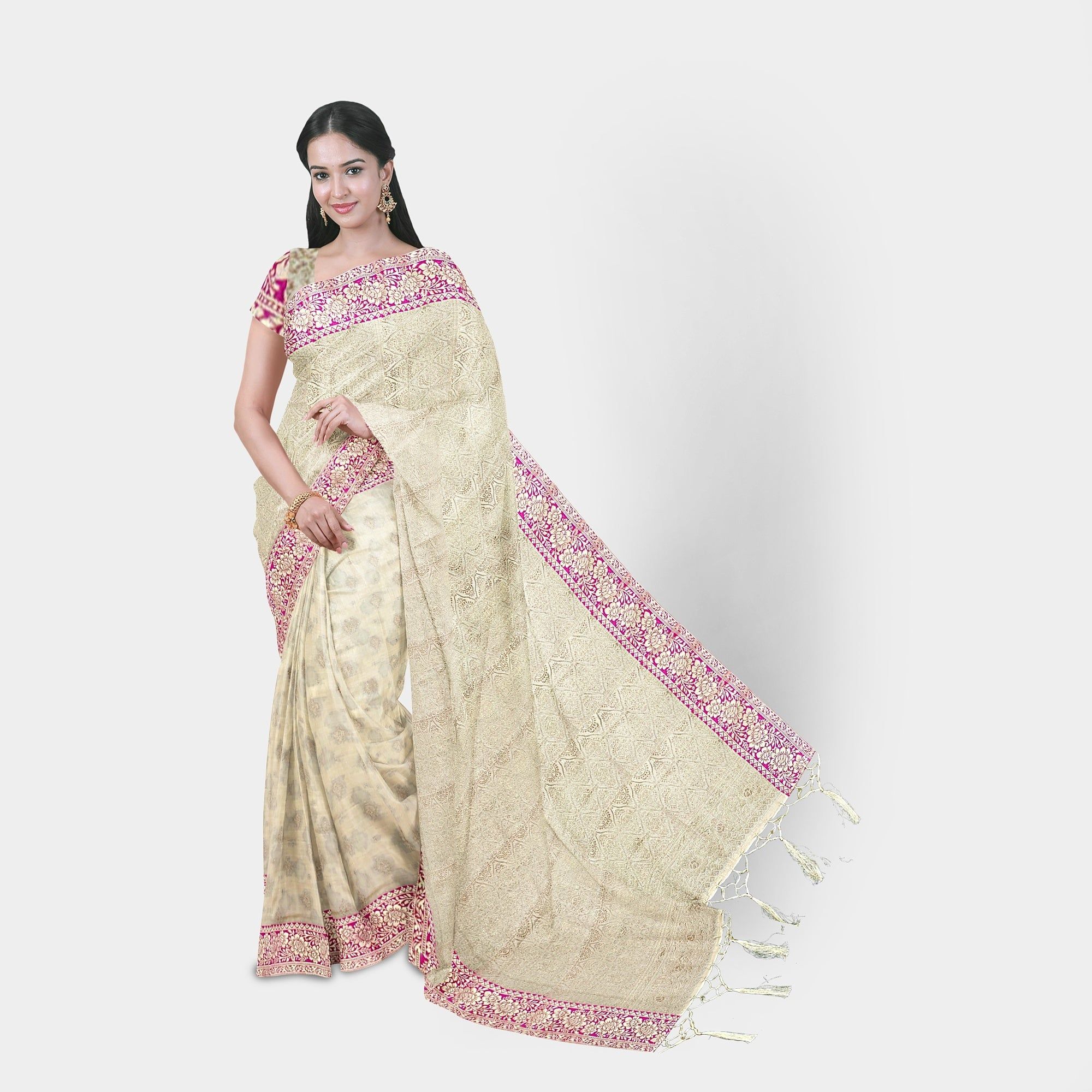TheHangr Raw Silk Cream Saree With Contrast Pink Border