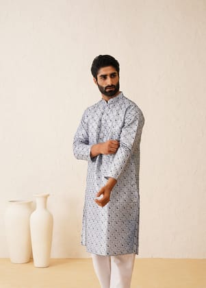 Men's Cotton Silk Heavy Embroidered Blue Kurta-36