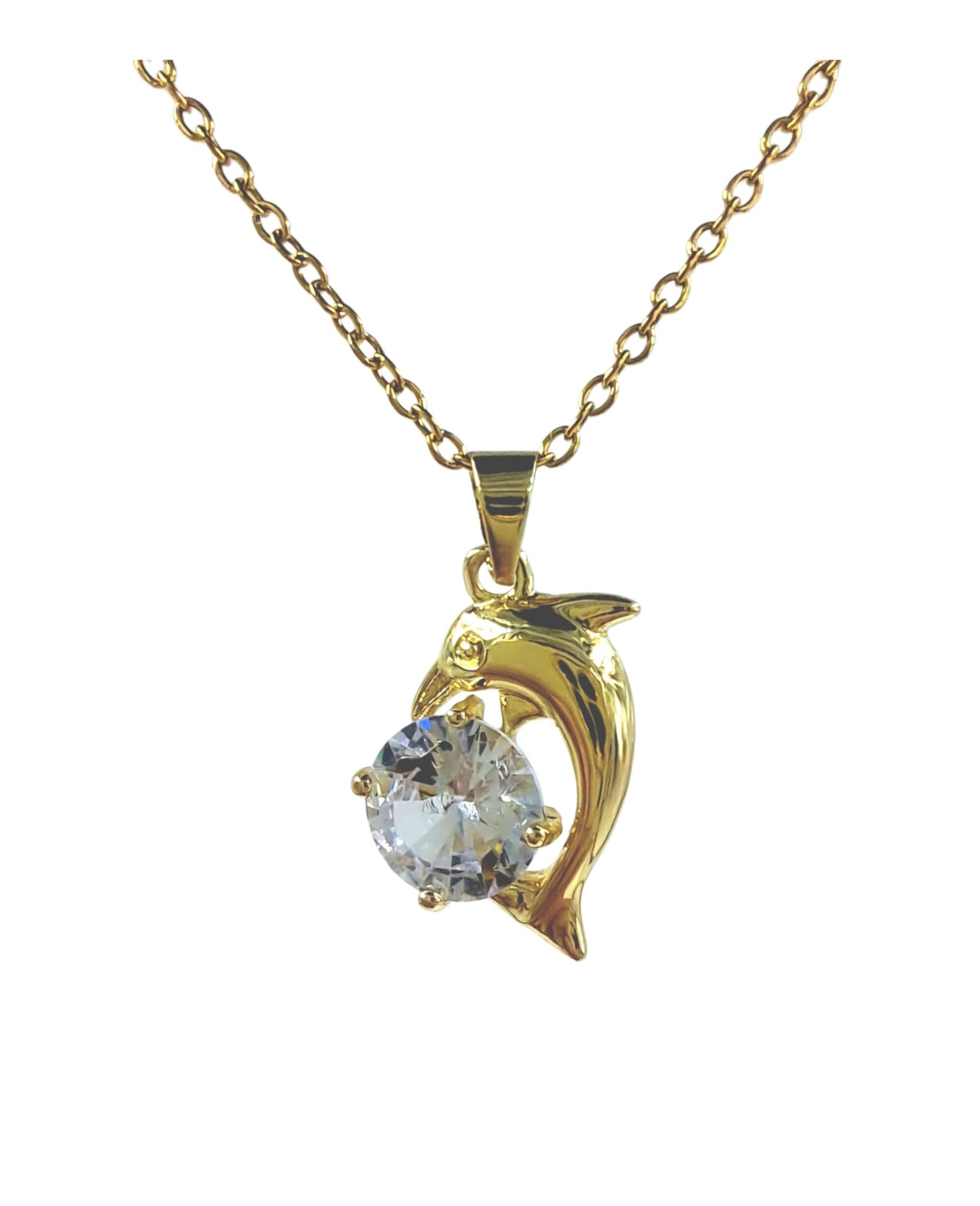 ANVAYACOLLECTIONS Gold Plated Dolphin Pendant Chain with Sparkling Stone, Anti-Tarnish Imitation Jewellery for Women & Girls