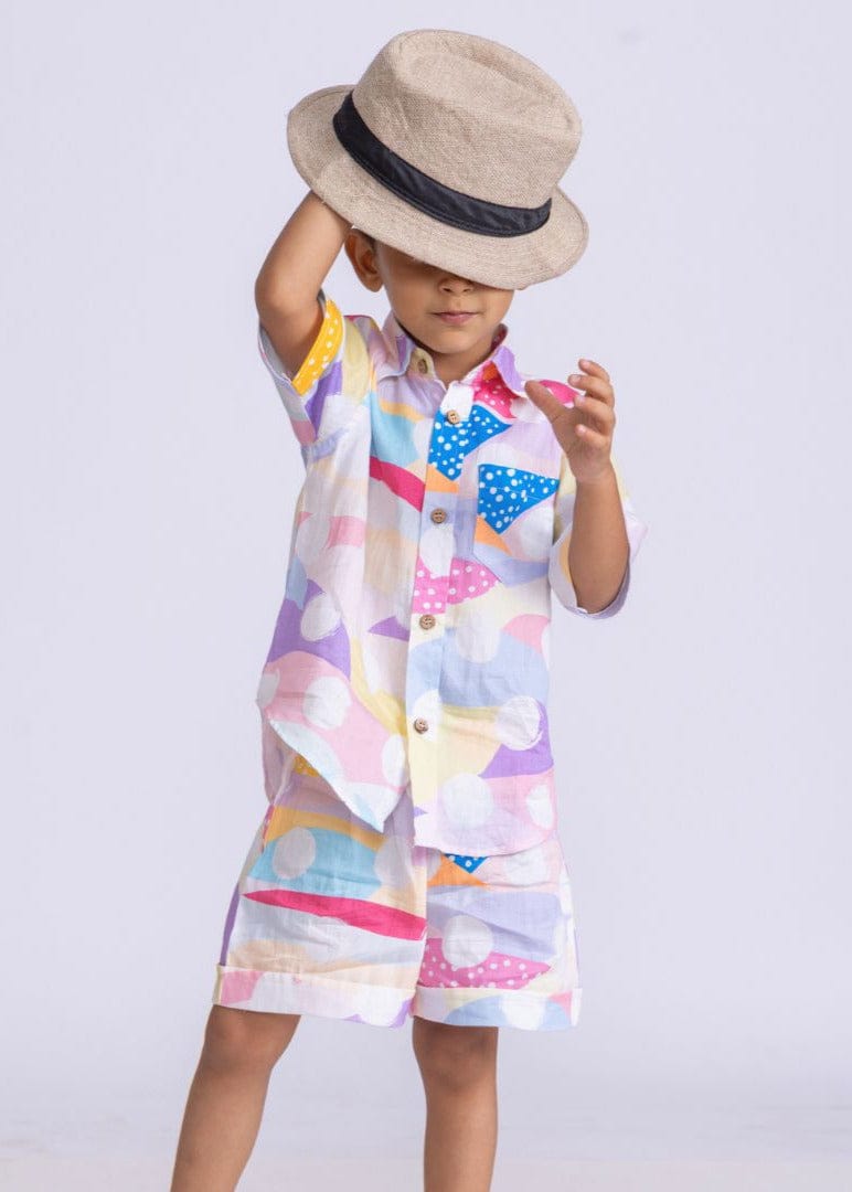 Boys Cotton Shirt & Shorts Set| Pastel Polka-0-6M