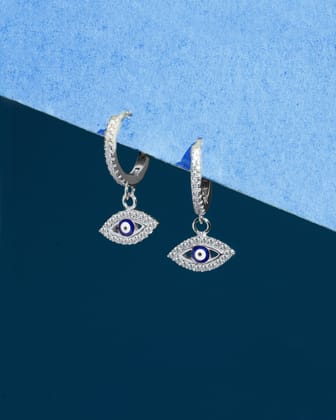 Enamel Eye Charm Hoops-Rhodium plated