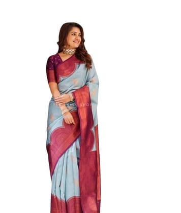 Women's Soft Lichi Silk Printed Saree With Unstitched Blouse 5.5Mtr (Light-Blue)-PID63595