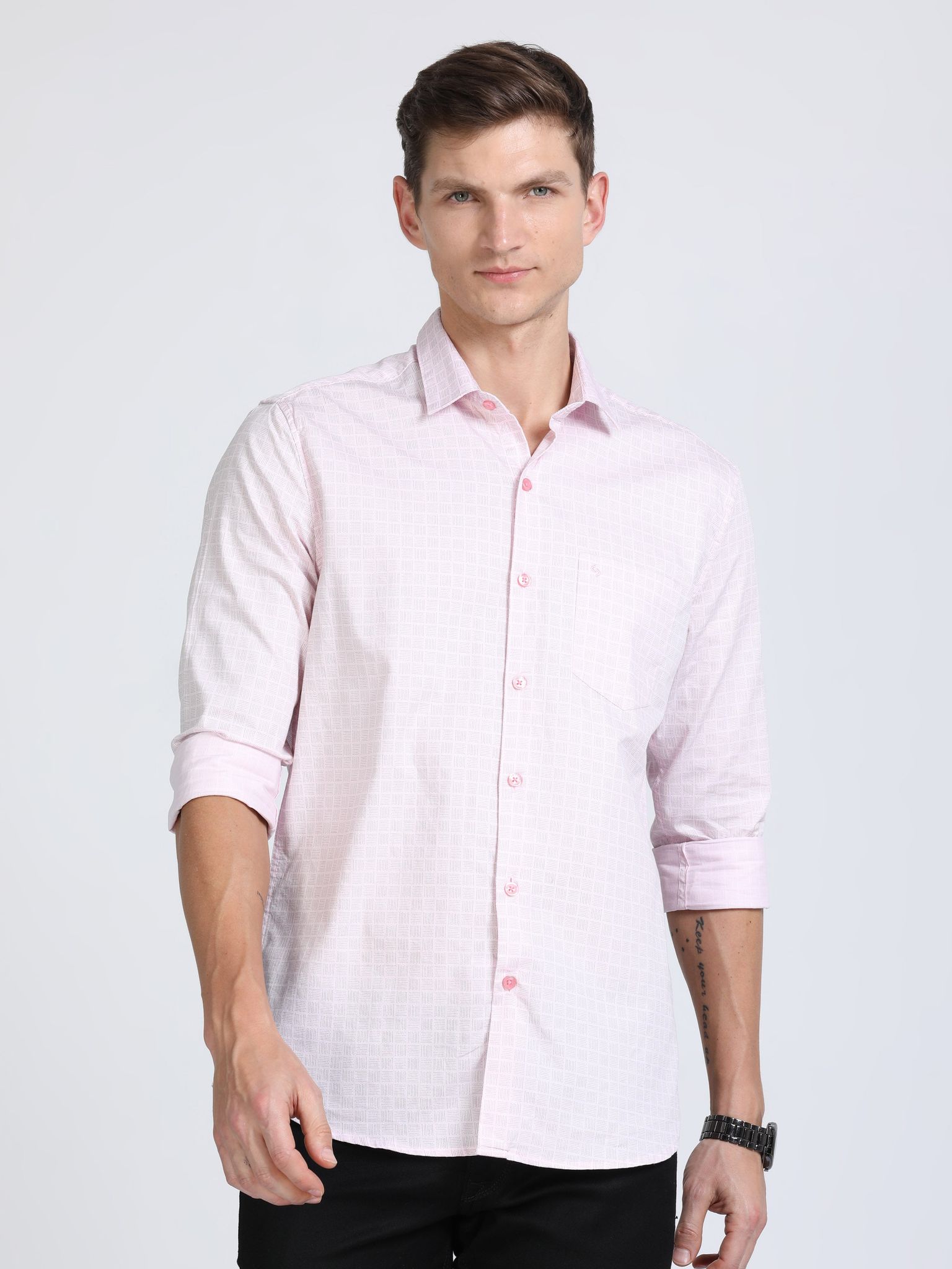 Classic Polo Mens Pure Cotton Full Sleeves Printed Slim Fit Polo Neck Pink Color Woven Shirt | So2-161 B-Fs-Prt-Sf