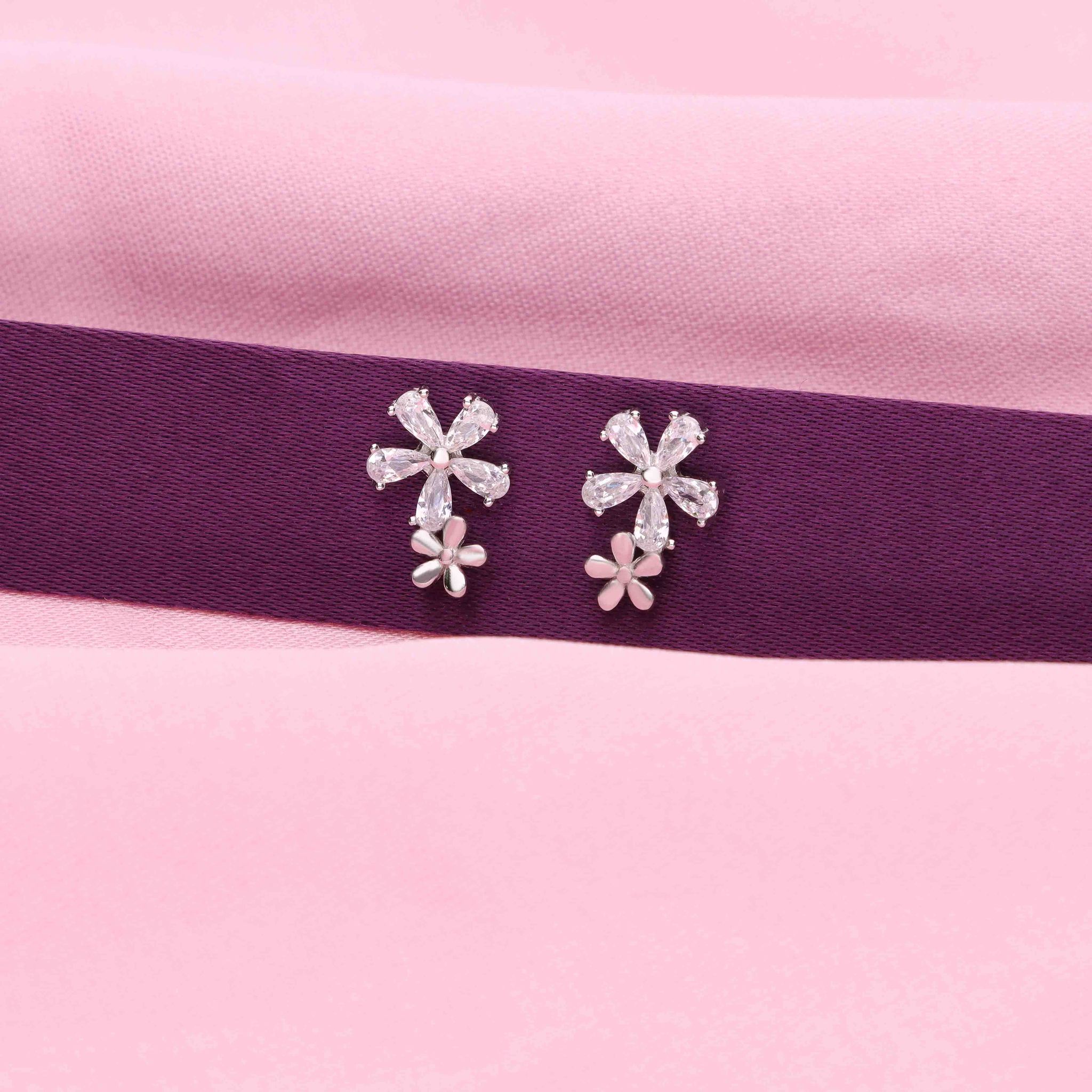 Crystal Flare Casual Silver Studs Earrings-White Stone / Silver