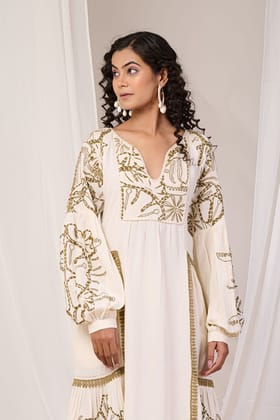 Cream Dress with Floral Prints-CREAM / S