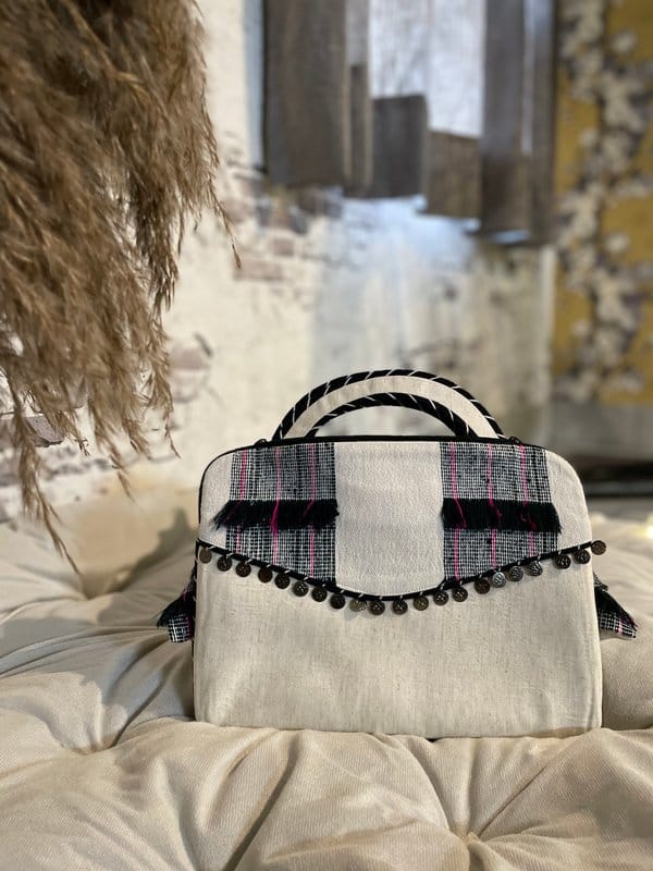 KRI India Distressed Black & Pink Coined Laptop Cover|15 inches | Wash & Care | 100% Cotton | Handcrafted in India. 100% organic & natural.