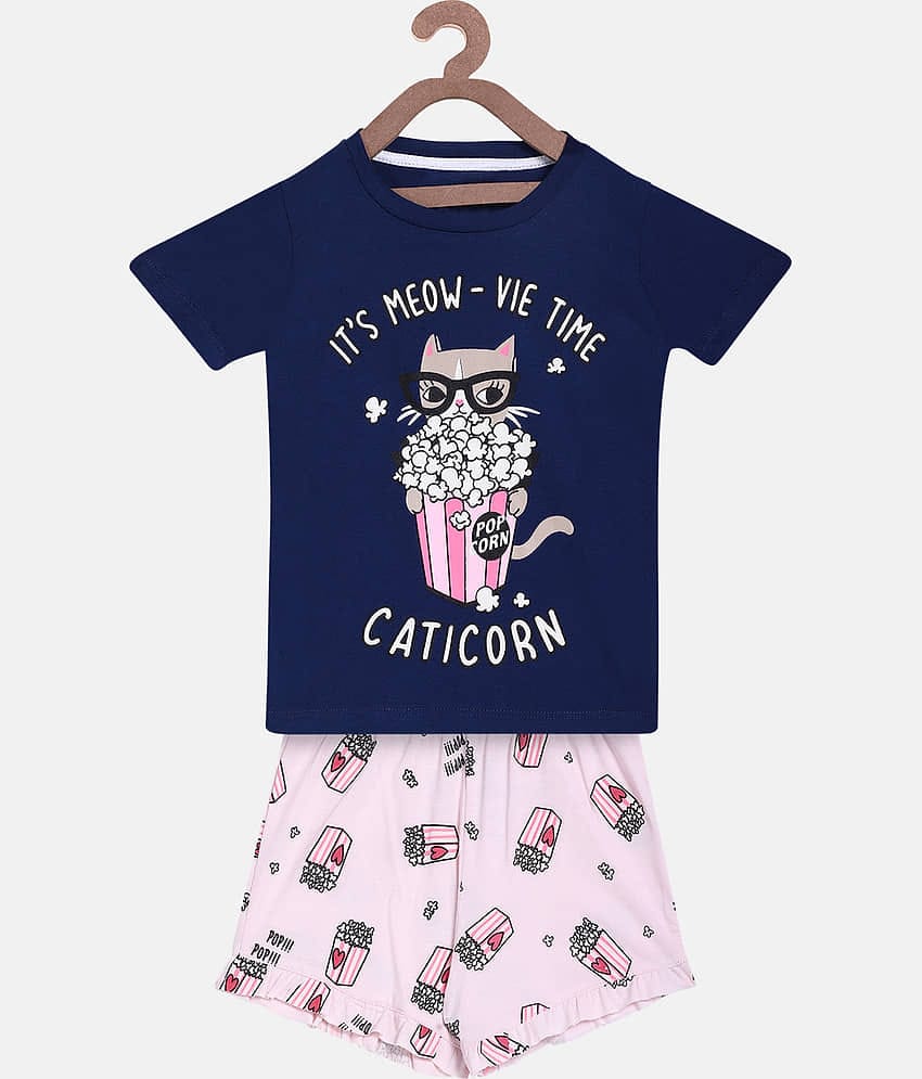 Lazy Shark Pack of 1 Girls Cotton Blend T-shirt With Shorts ( Navy Blue )