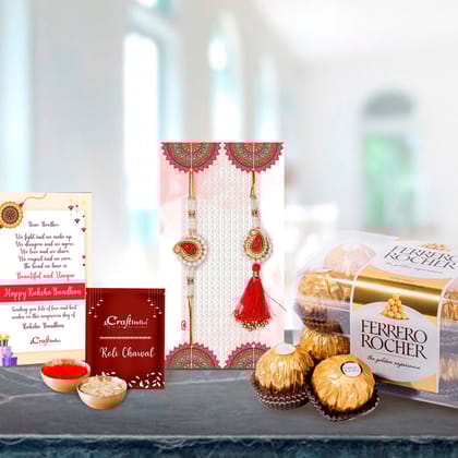 Designer Handcrafted Premium Bhaiya Bhabhi Rakhi with Ferrero Rocher (16 pcs) and Roli Chawal Pack, Best Wishes Greeting Card