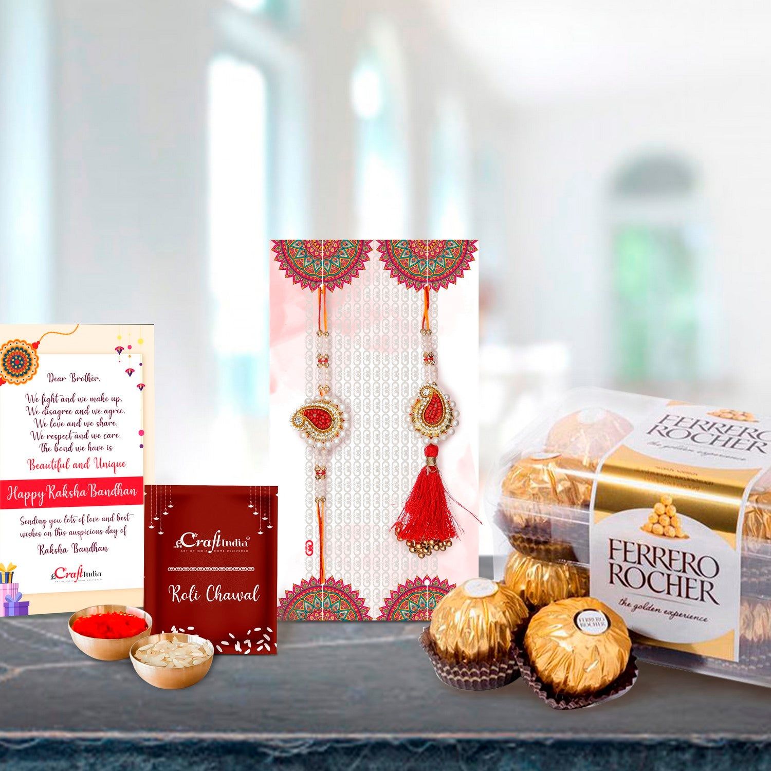 Designer Handcrafted Premium Bhaiya Bhabhi Rakhi with Ferrero Rocher (16 pcs) and Roli Chawal Pack, Best Wishes Greeting Card