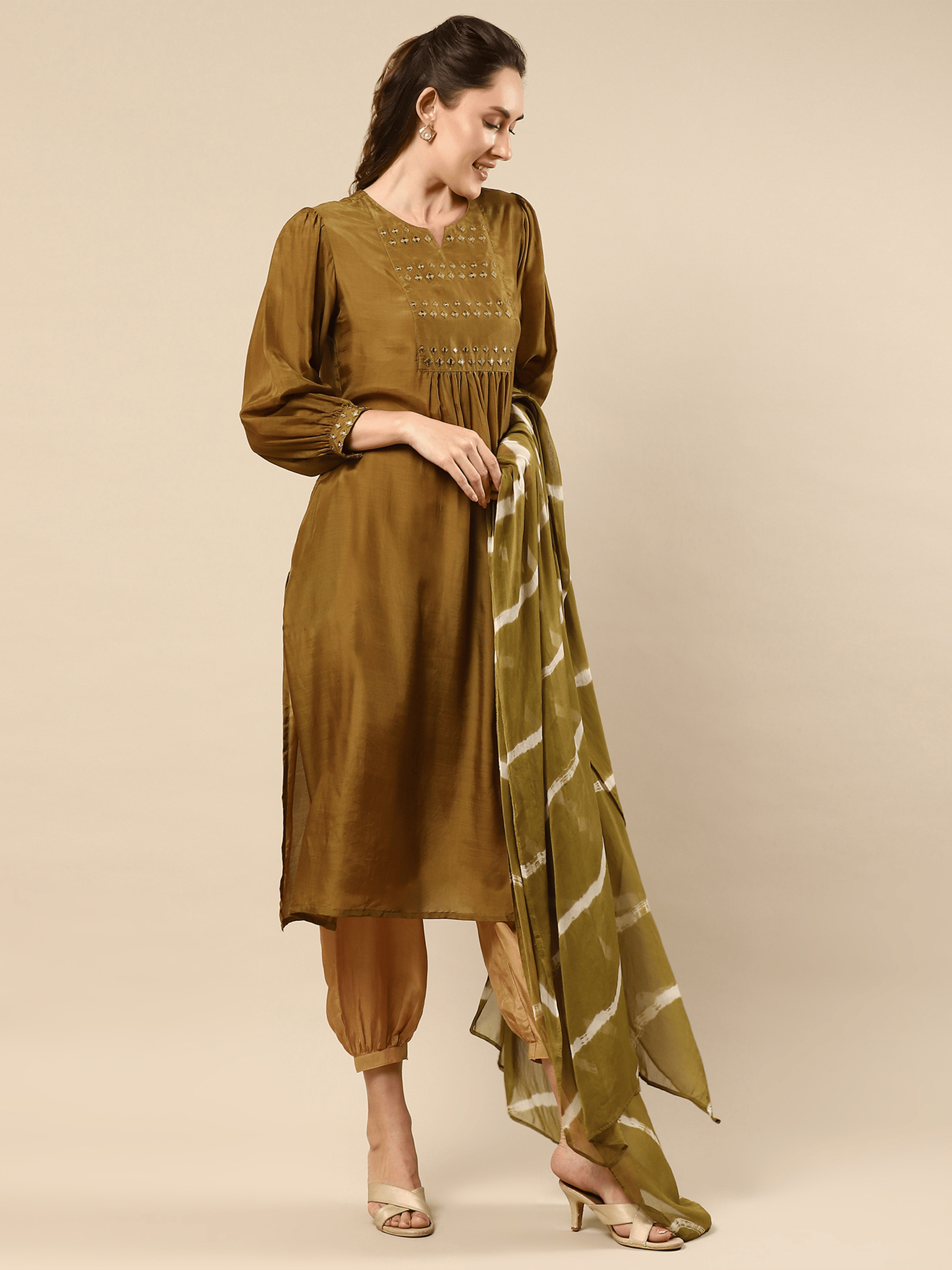 Green Cotton Silk Suit Set-XS