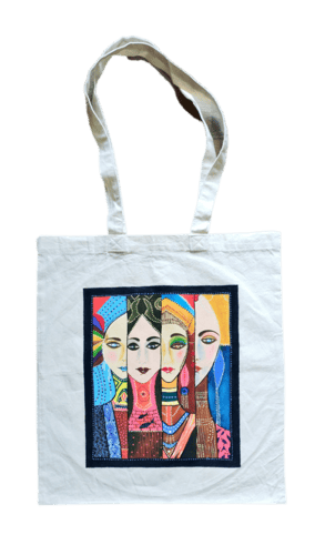 Hand Painted Lady Faces On Cotton Bag