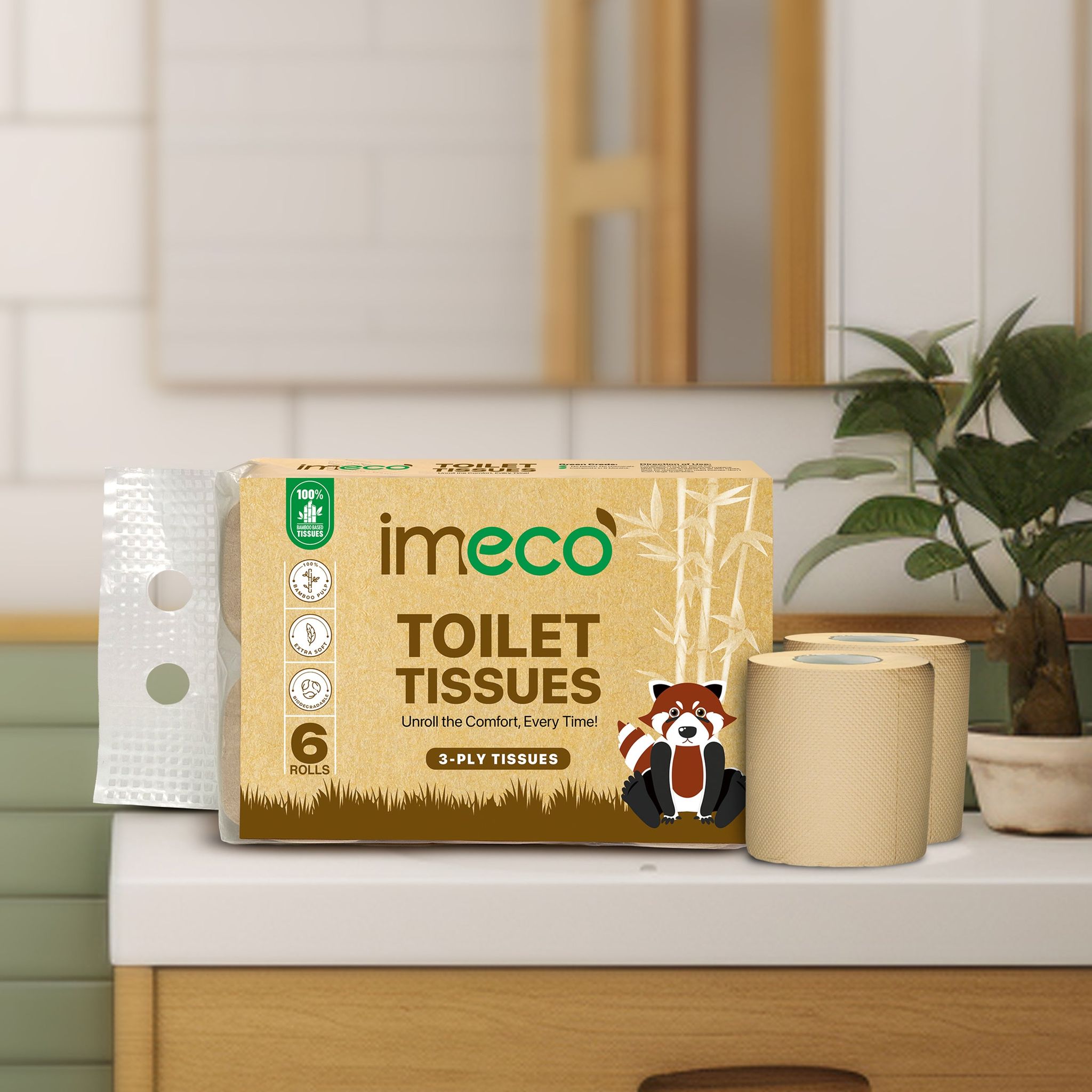 Imeco Hypoallergenic Bamboo Toilet Tissue Rolls (160 Pulls, 6 Rolls) | Ultra-Absorbent & Biodegradable 3-Ply Tissues | Bathroom Care