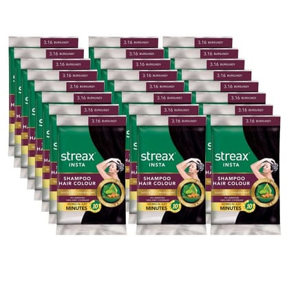 Streax Insta Shampoo Hair Colour For Unisex Enriched With Almond Oil & Noni Extracts, Long-Lasting Instant Colour, 18ml (Pack Of 24) - Burgundy Streax Insta Shampoo Hair Colour For Unisex Enriched With Almond Oil & Noni Extracts, Long-Lasting Instant Colour, 18ml (Pack Of 24) - Burgundy