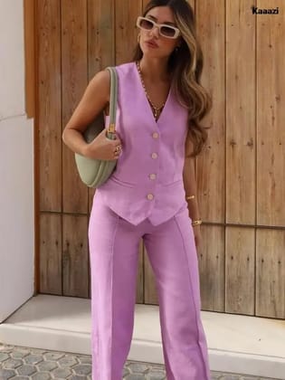 Waist Coat Vest & Wide Leg Pants Coord Set-M / PINK