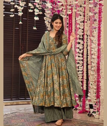 kedar fab Women Rayon Printed Anarkali Kurti With Palazzo ( Green )