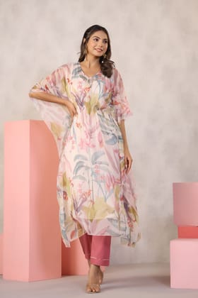 Bohemian Medley Blossom Muted Pink Chiffon Kaftan and Pant Set - Set Of Three-M / Pink / Pink