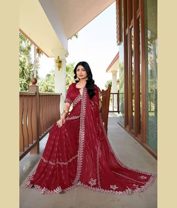 VEERAIVA Art Silk Striped Muga Silk Saree With Unstitched Blouse Piece ( Maroon )