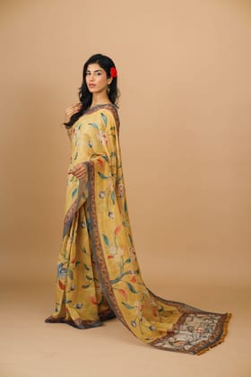 Yellow Floral Print Saree-Chanderi