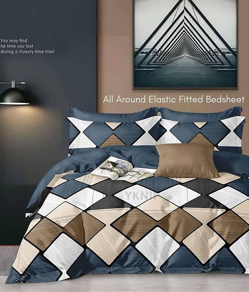 YKNIP Cotton Geometric Fitted 1 Bedsheet with 2 Pillow Covers ( King Size ) - Multi