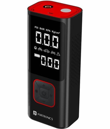 Portronics Vayu 2.0 Rechargeable Tyre Inflator with 150 PSI Pressure, 6000 mAh Battery, Preset Modes, Digital Display, Flashlight Torch, Air Pump Compressor for Car, Bike, Cycle (Black)(Pack of 1)