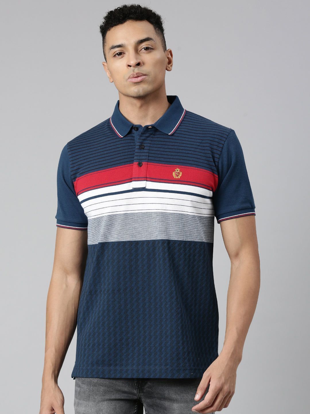 Classic Polo Men's Polo Neck Cotton White/Navy Slim Fit Striped T-Shirt | VTA-276 A SF P