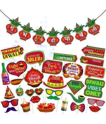 ZYOZI 31 Pieces Happy Diwali Party Photo Booth Props and Banner Kit Festival of Lights Prop for Photoshoot Diwali Party Picture Selfie Stick Props Party Decoration