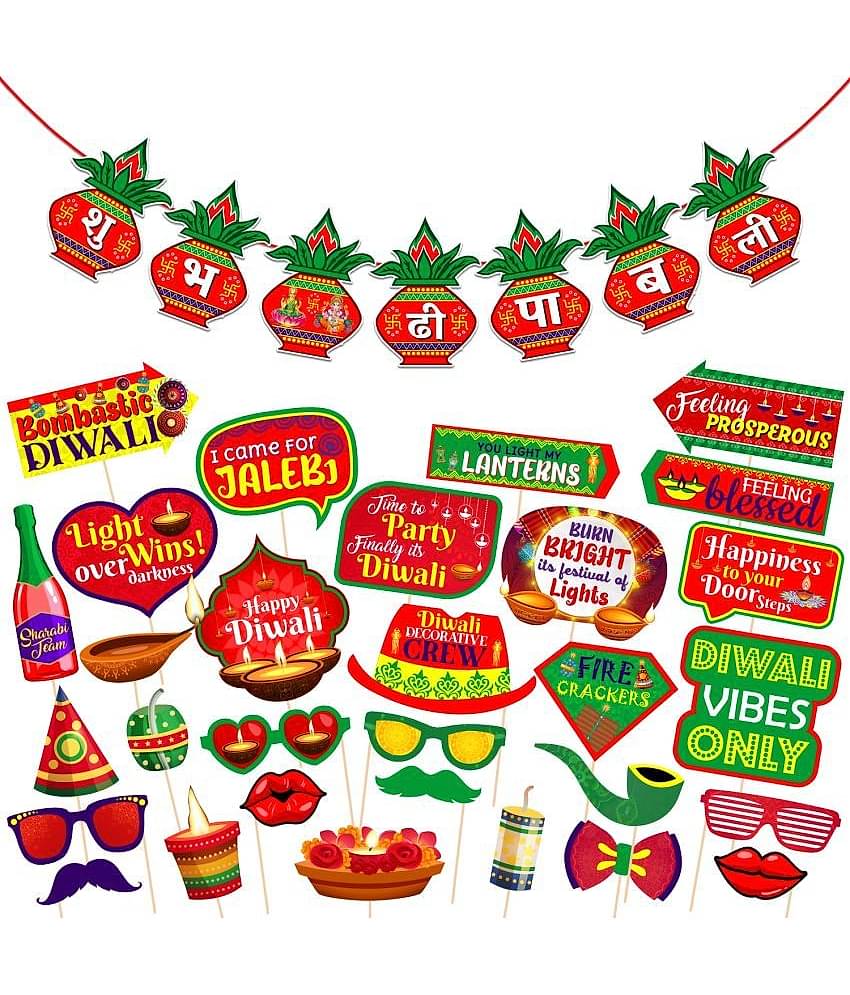ZYOZI 31 Pieces Happy Diwali Party Photo Booth Props and Banner Kit Festival of Lights Prop for Photoshoot Diwali Party Picture Selfie Stick Props Party Decoration