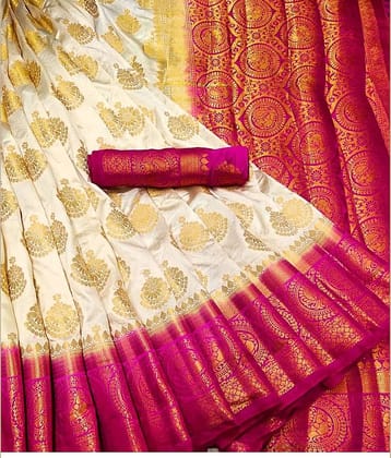 fab woven Banarasi Silk Self Design Saree With Unstitched Blouse Piece ( White )